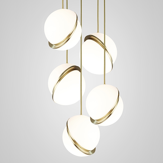 Mini Crescent Chandelier 5 Piece Brushed Brass Pendants and Brushed Brass Ceiling Plate Studio